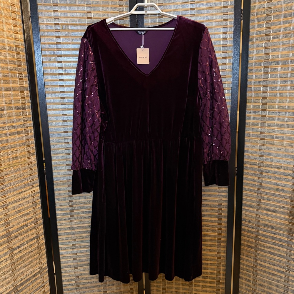 BloomChic Velvet Midi Dress Women 26 Purple Sequin Lattice Sleeve Holiday Party